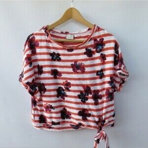Anthro Postmark Women Size Small Red Navy Blue Striped Floral Side Tie Top